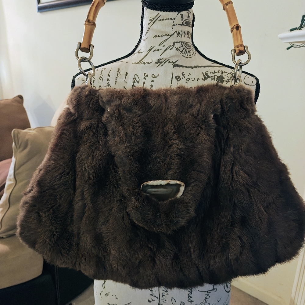 Plush Brown Faux Fur Shoulder Bag with Bamboo Handles